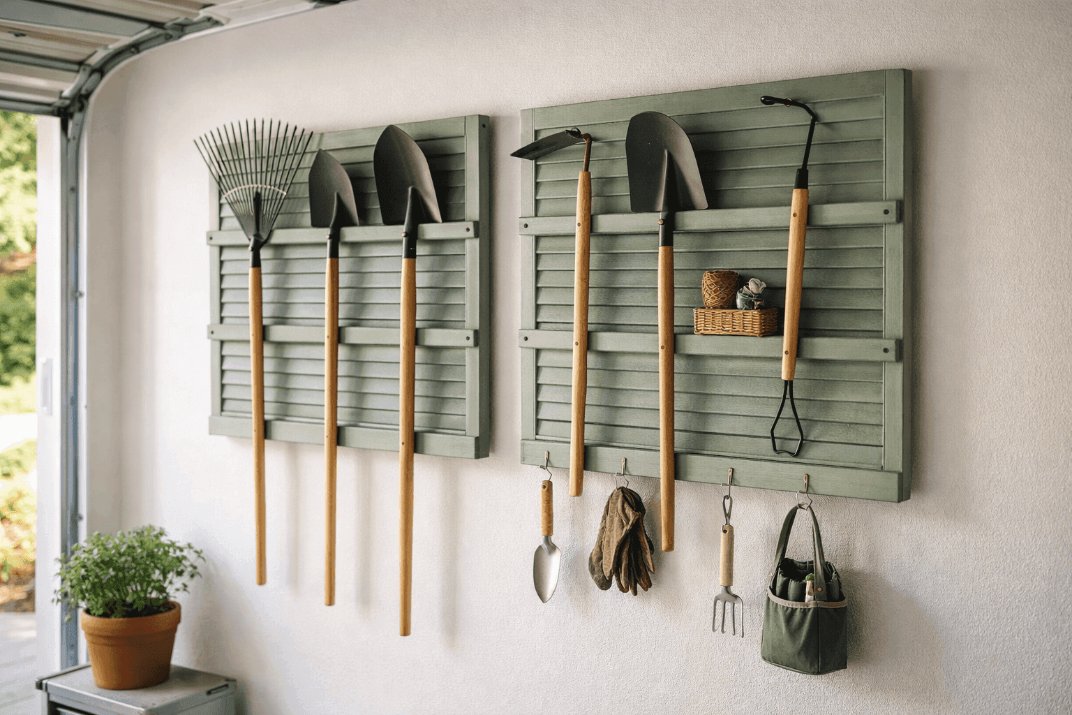 Vintage wooden shutters mounted horizontally on a garage wall painted sage green holding garden rakes, shovels, and hoes through the slats with S-hooks and a basket below