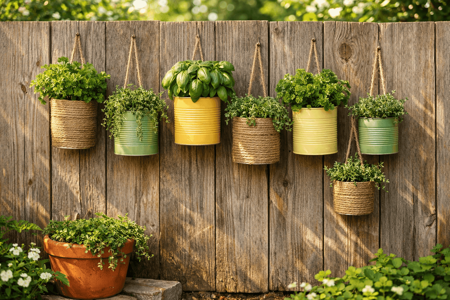 Charming jute-wrapped tin can herb planters hanging at varying heights on a weathered wood fence with fresh basil, mint, and thyme growing in a sunny garden
