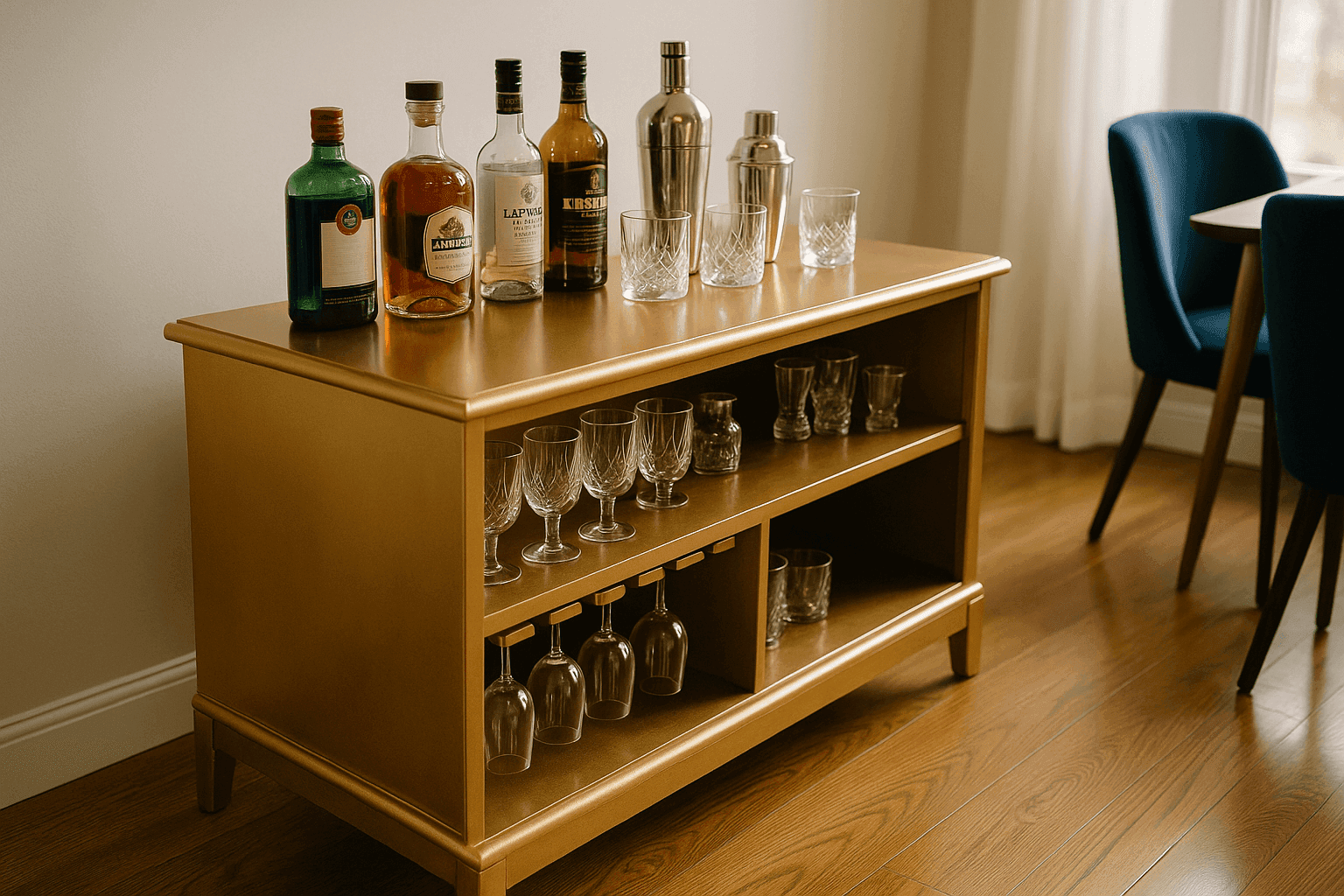 Elegant transformed TV console painted in metallic gold serving as a stylish holiday bar cart with wine glass storage and festive decorations