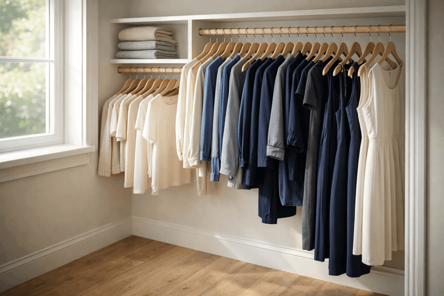 Organized closet with curated capsule wardrobe arranged by outfit combinations on hangers