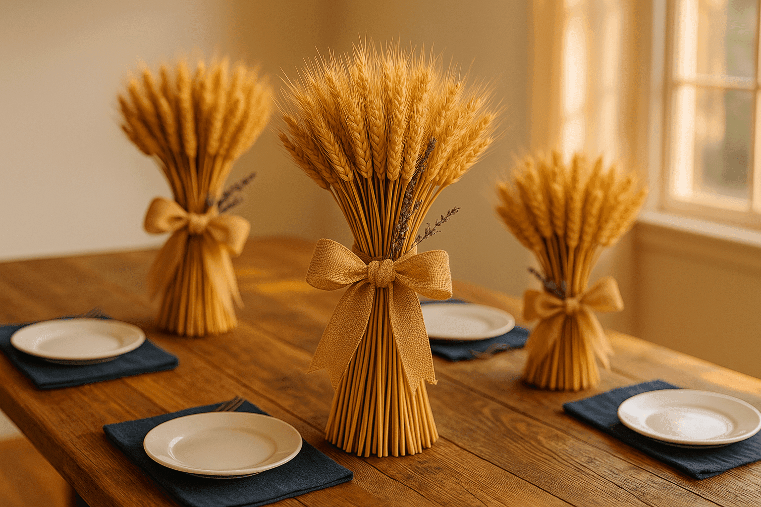 Dried wheat bundles tied with burlap ribbon arranged as centerpiece on rustic wood harvest table with autumn elements
