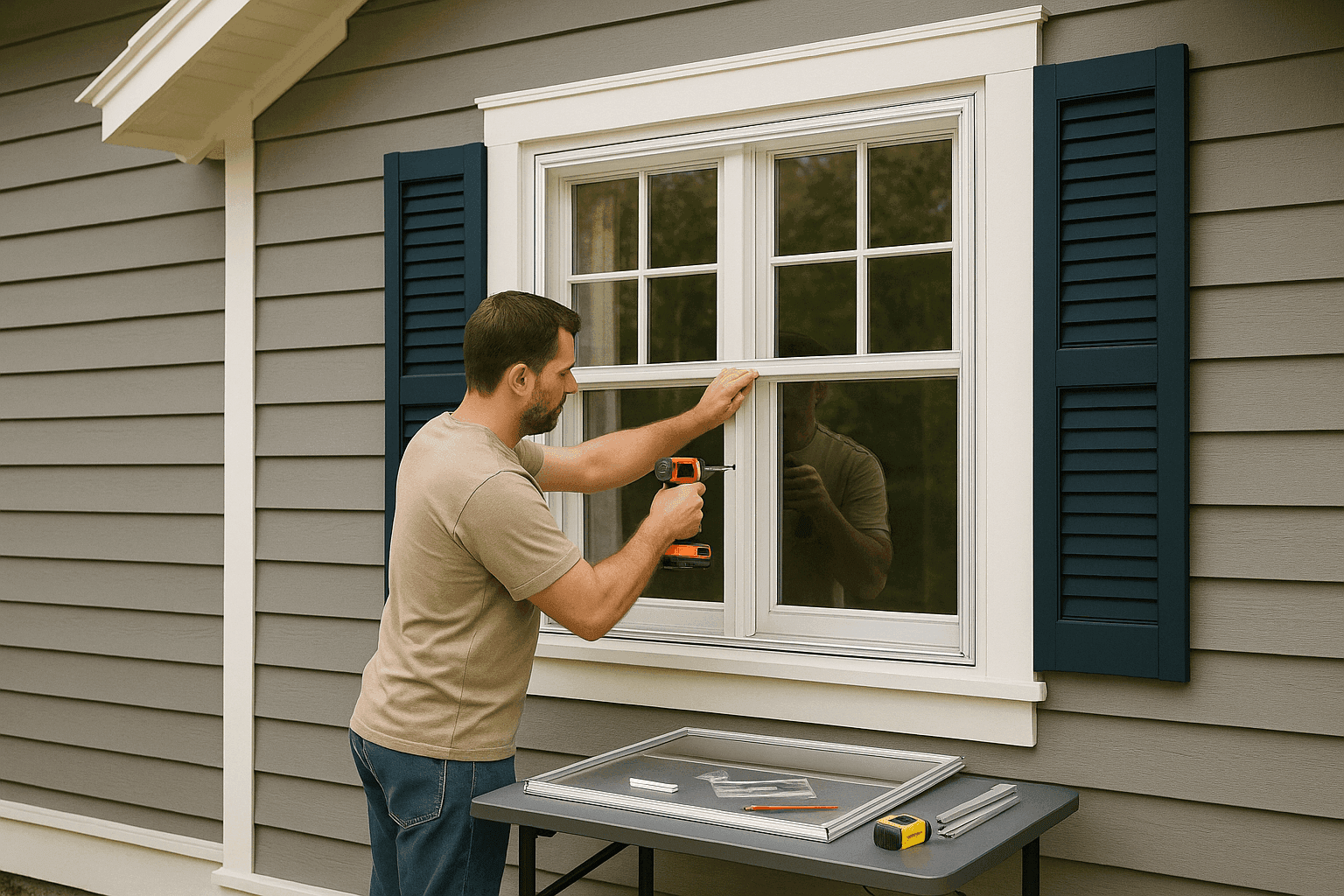 Homeowner installing clear storm window over existing window with tools and weatherstripping materials on windowsill
