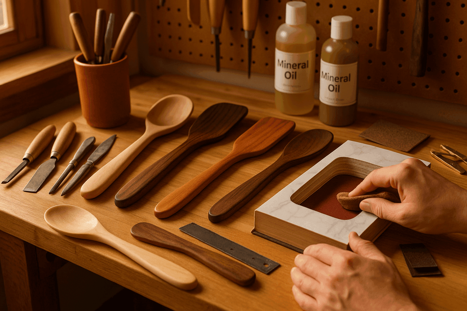 Handcrafted wooden spoons and spatulas in various hardwoods being shaped and finished on woodworking bench with carving tools