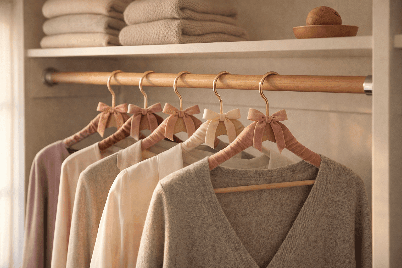 Neatly wrapped velvet ribbon hangers in blush pink, emerald green, and navy displayed in an organized closet with coordinated clothing