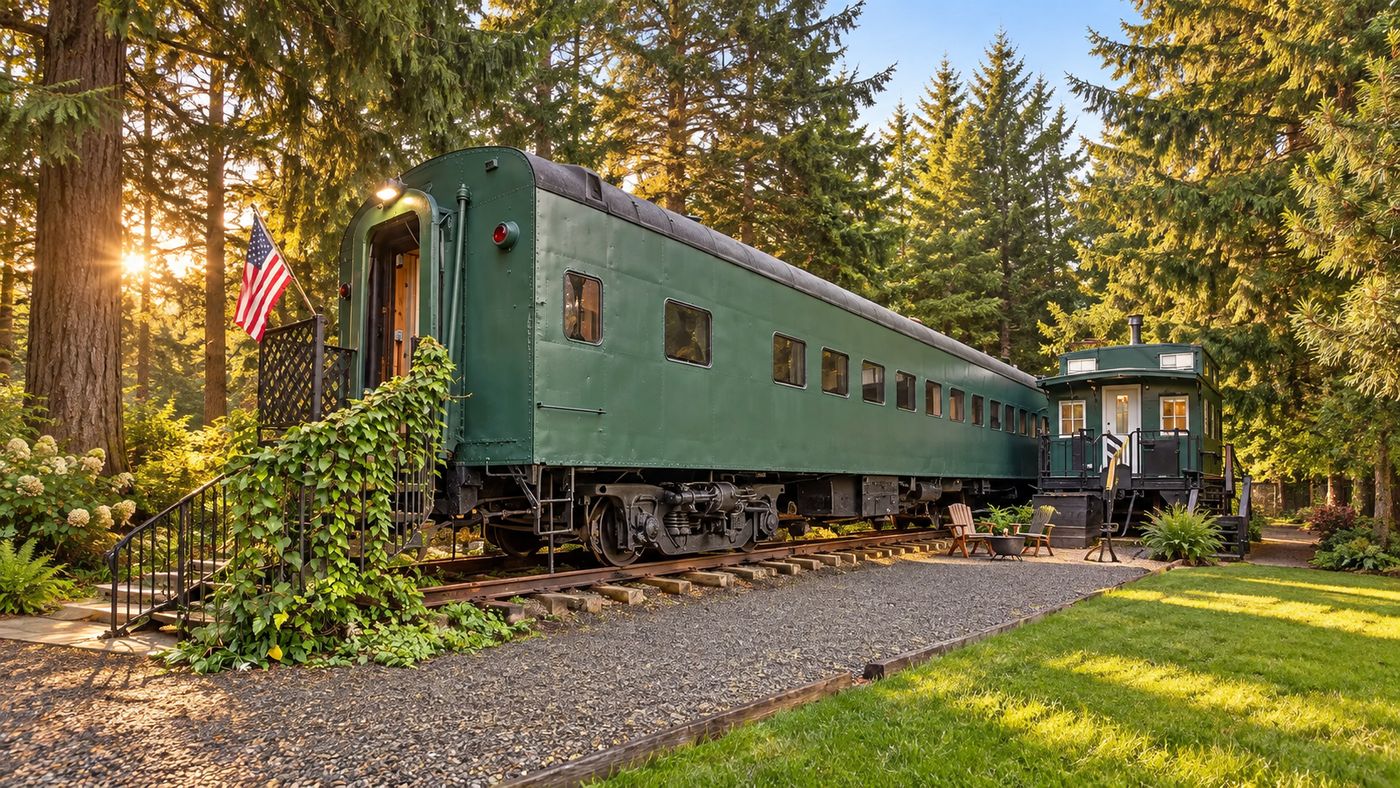 Restored train residence made of two cabooses and a 1945 Pullman car in Ocean City, Washington