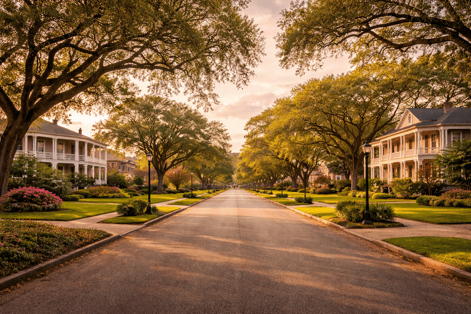 A wide residential street in Houma, Louisiana, with large homes set back on generous lots under a warm Southern sky.