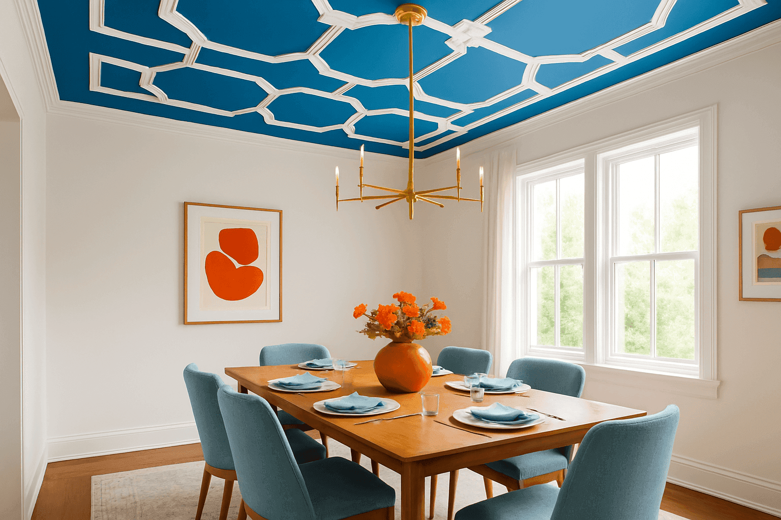 Dining room with painted blue ceiling and decorative molding