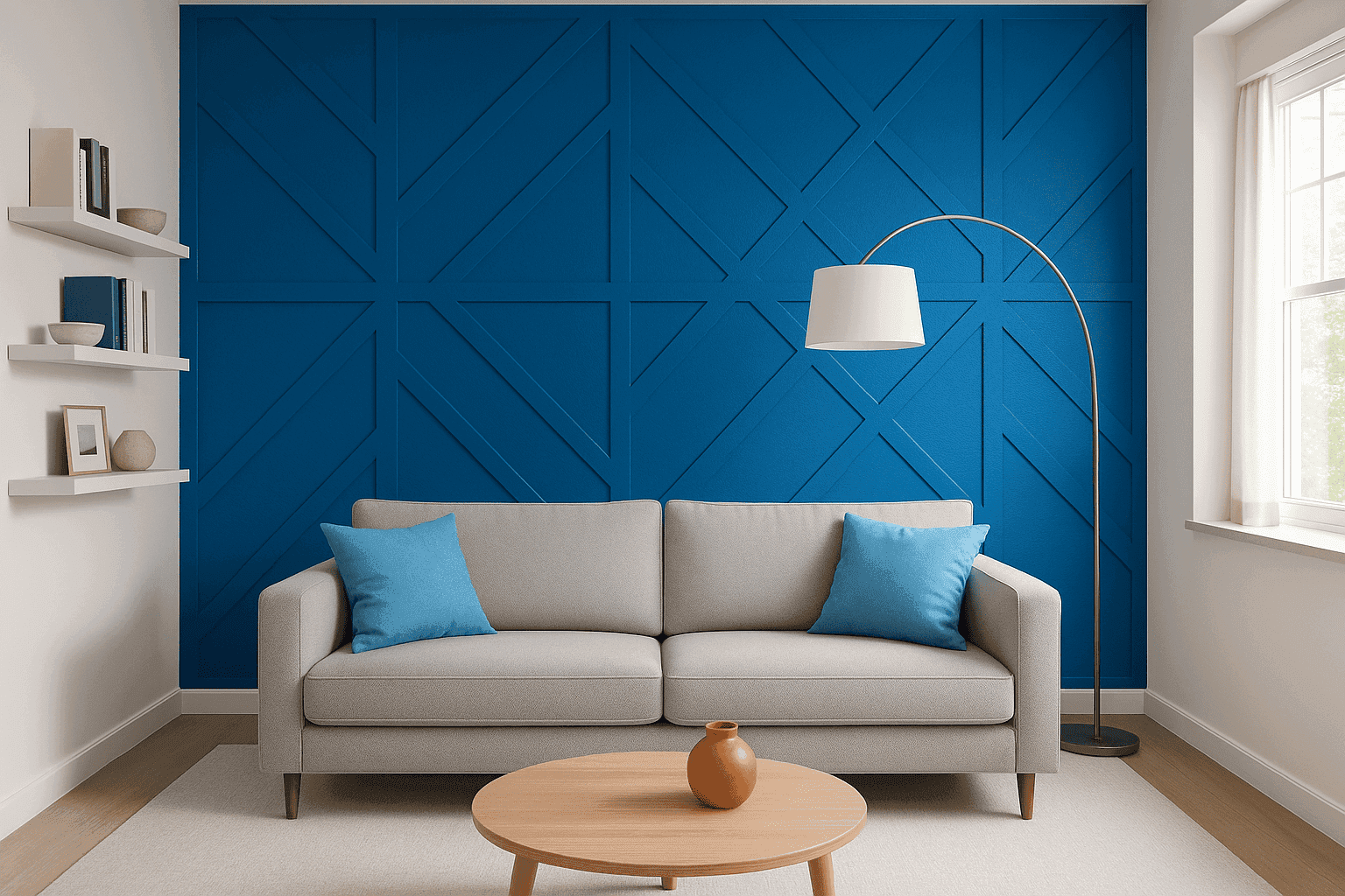 Modern living room with a bold blue geometric accent wall behind the sofa