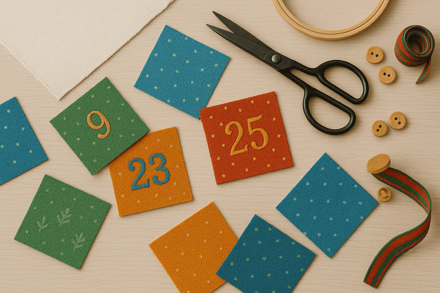 Handmade advent calendar with numbered pockets containing small gifts