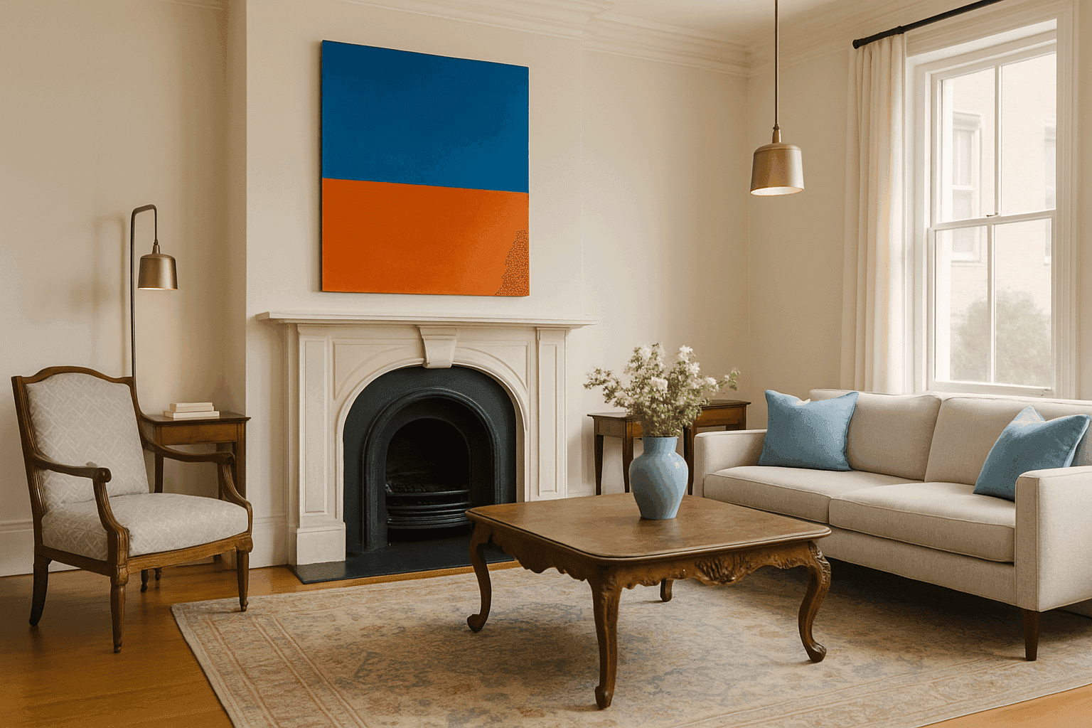 Living room with antique furniture paired with modern art and lighting