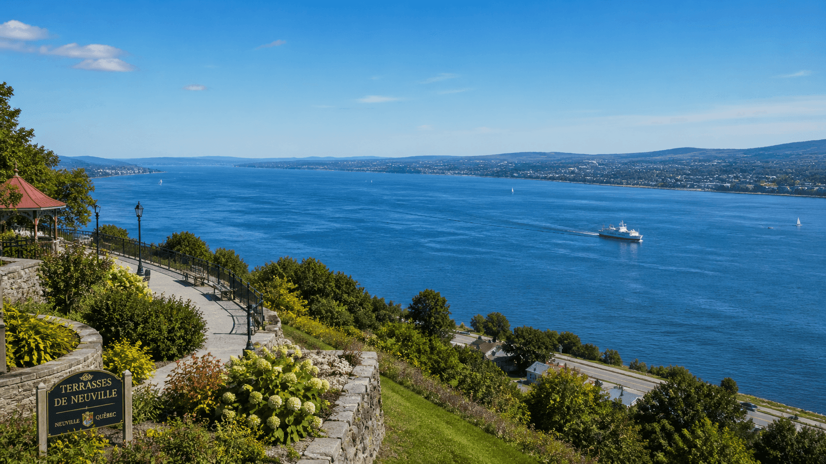 The St. Lawrence River viewed from the marine terraces of Neuville, Quebec, with the wide river and distant southern shore visible under a clear sky.