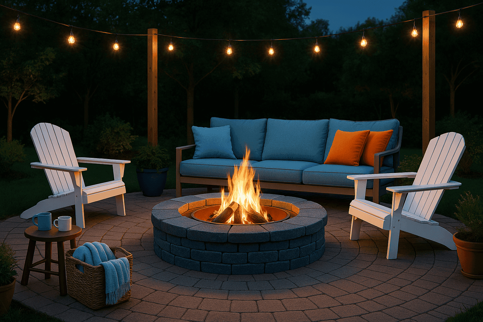 Backyard fire pit with comfortable seating and ambient lighting