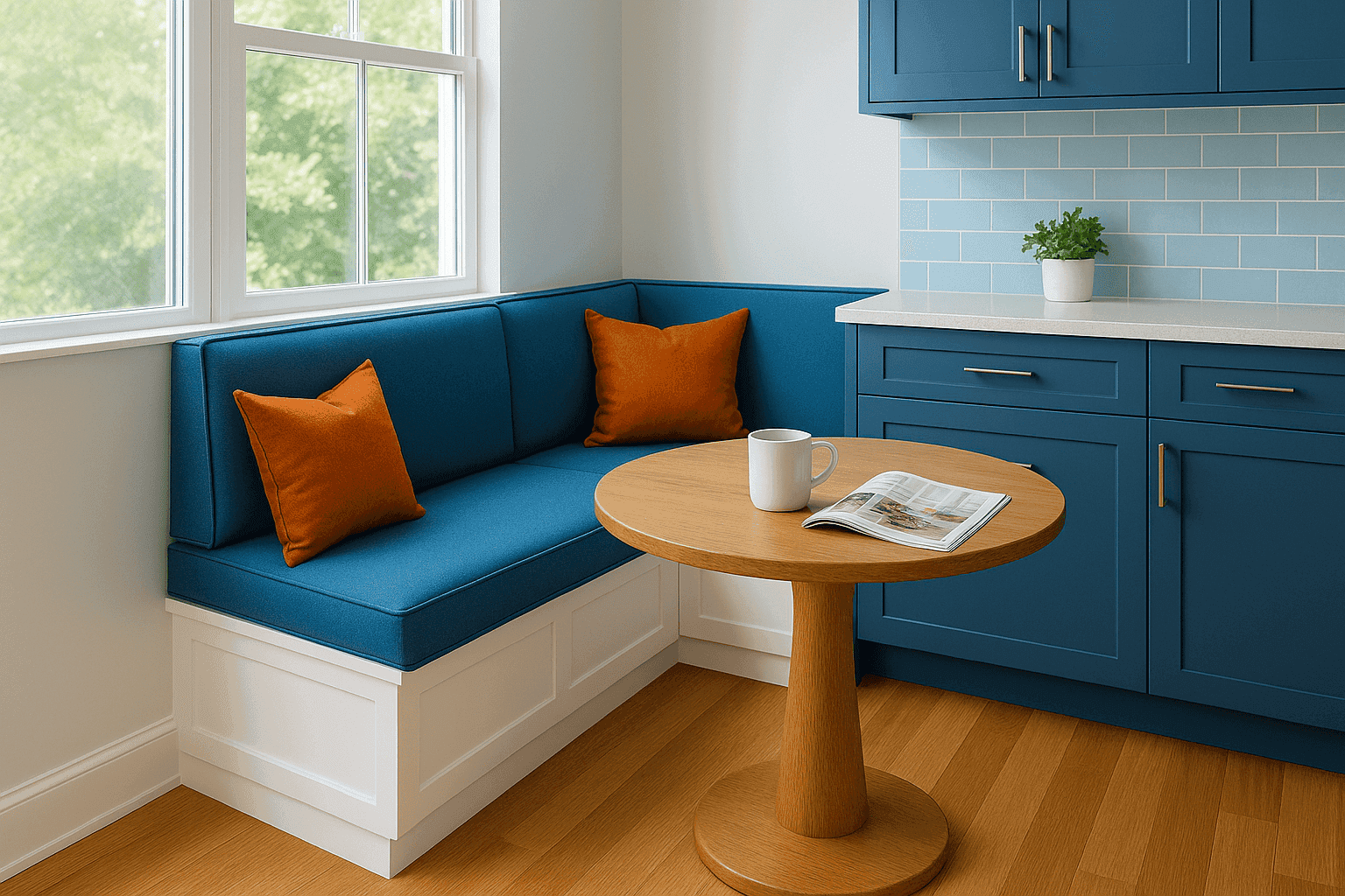 Modern kitchen with built-in banquette seating and dining table
