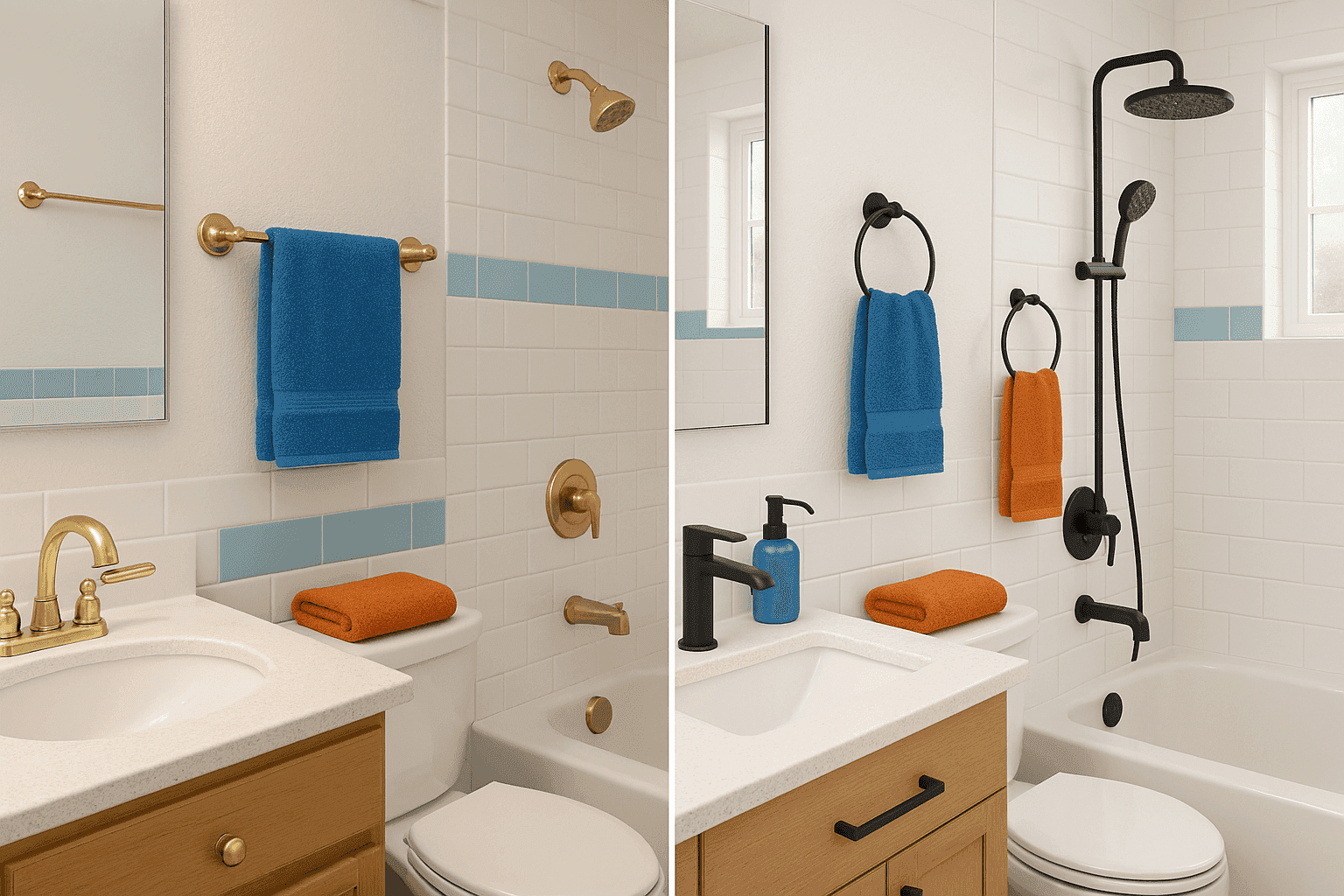 Modern bathroom with updated matte black fixtures including faucet, shower head, and hardware