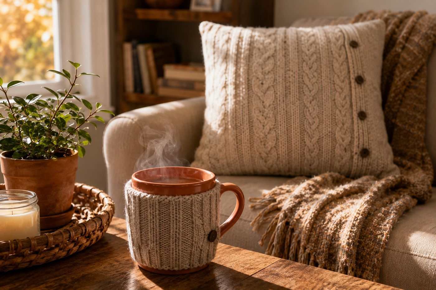 A cozy knit mug warmer made from a repurposed sweater sleeve, paired with a knit sweater pillow cover on a couch