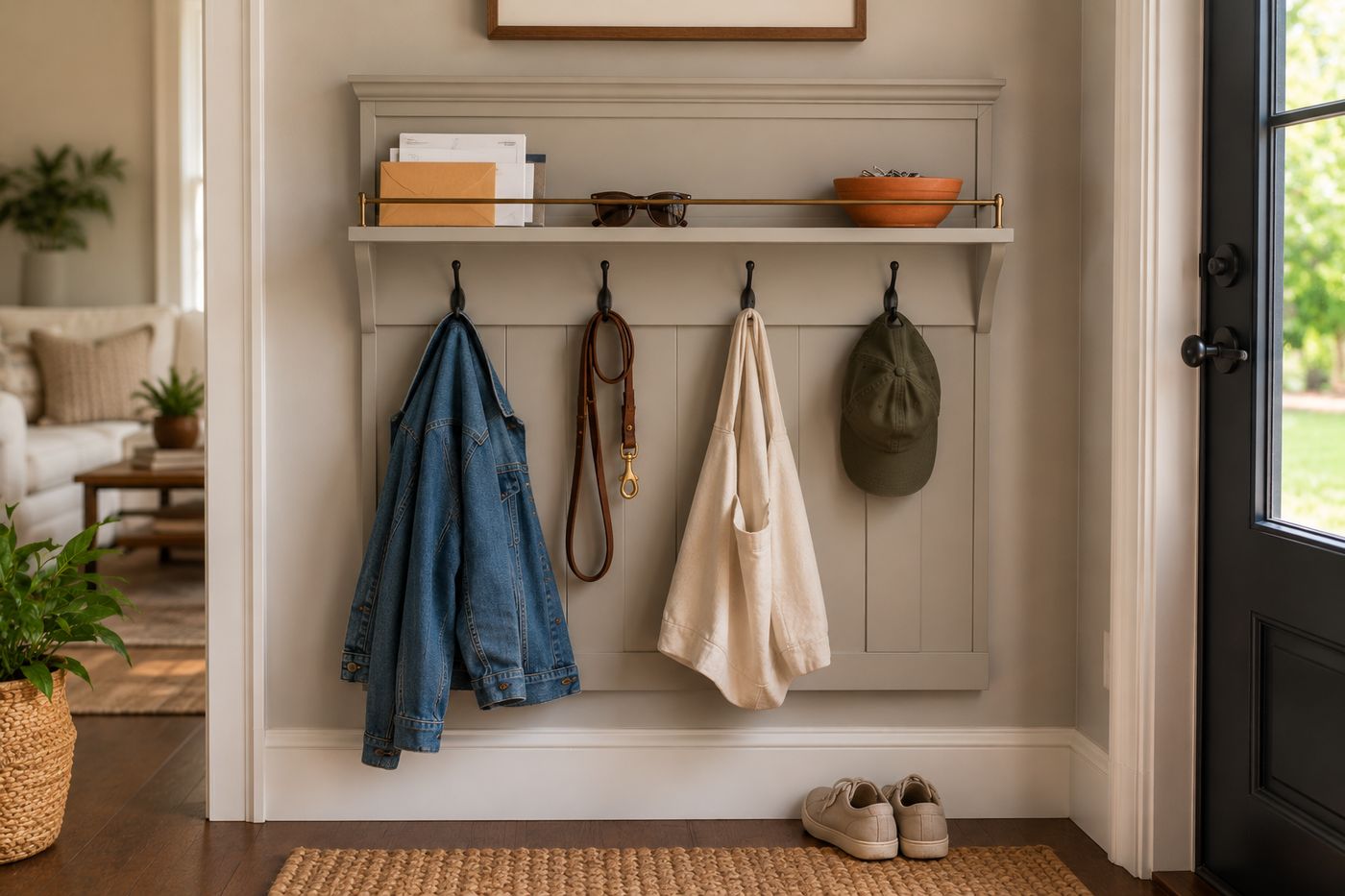 Wall-mounted drop zone painted to match trim, featuring a shallow shelf with a front rail and four evenly spaced hooks below holding bags and a jacket