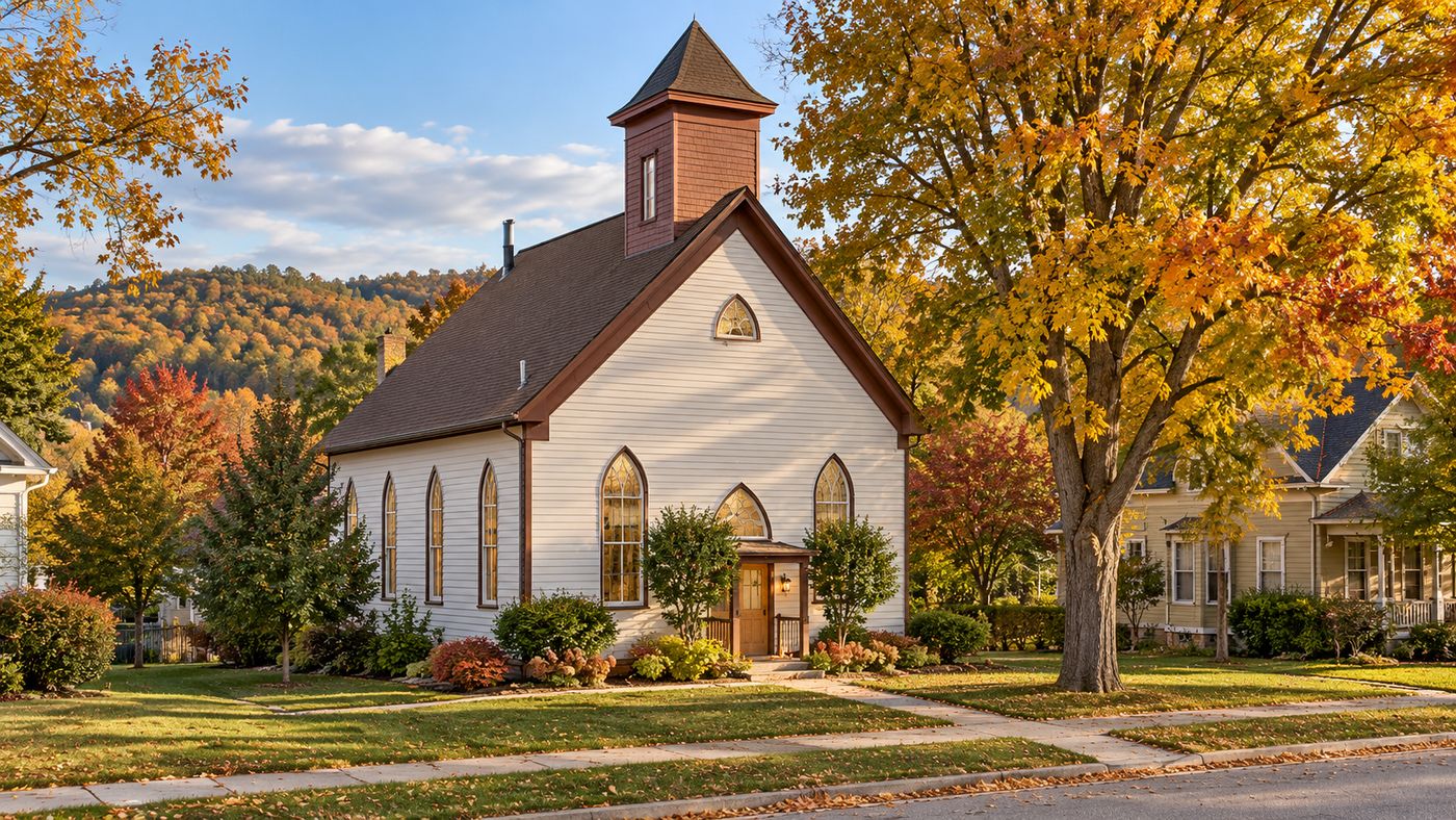 A former 1866 Methodist church with Gothic arched windows converted into a home in Mazomanie, Wisconsin