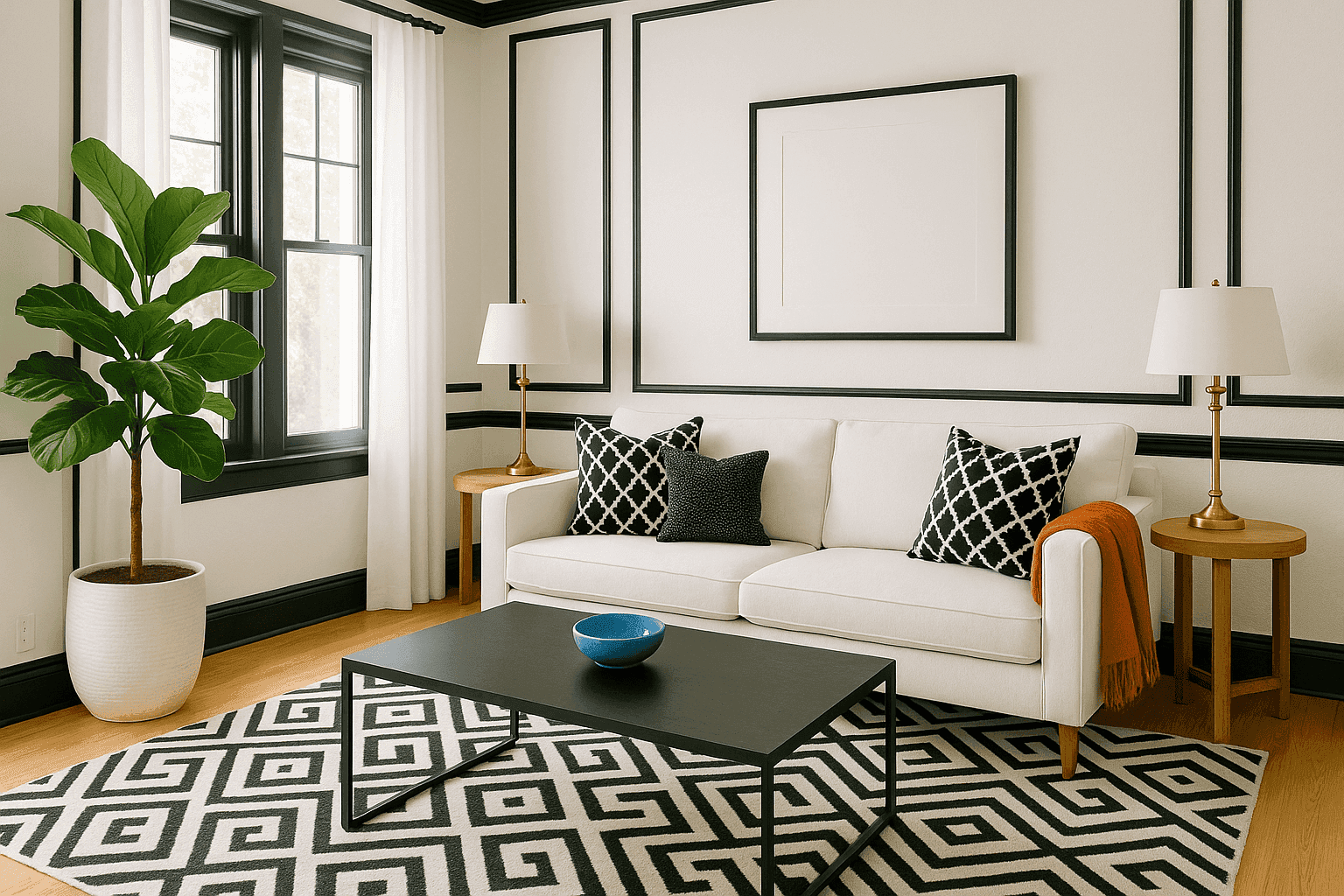 Stylish black and white living room with warm wood accents