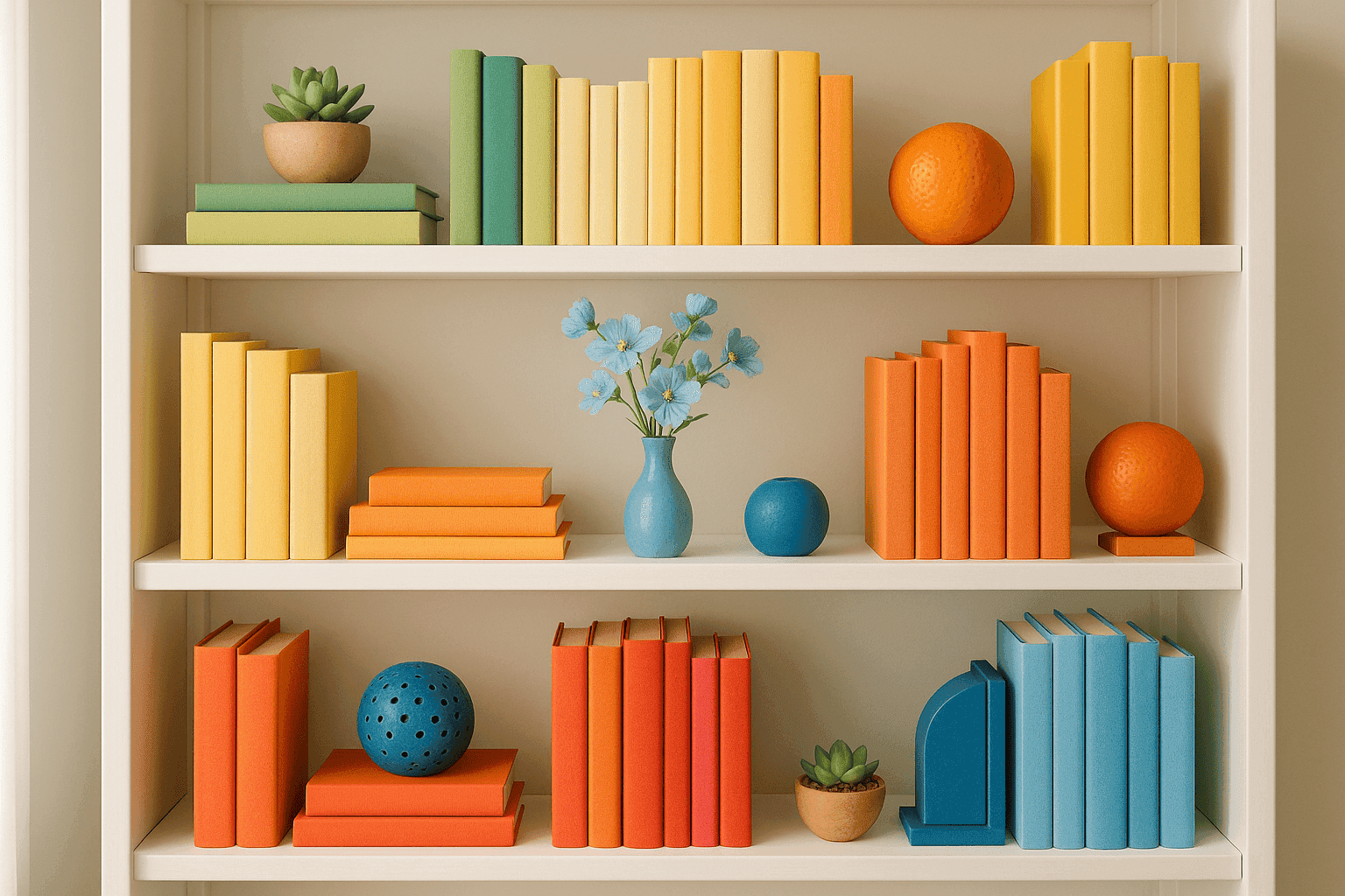 Beautifully styled bookshelf with color-coordinated books and spring decor elements