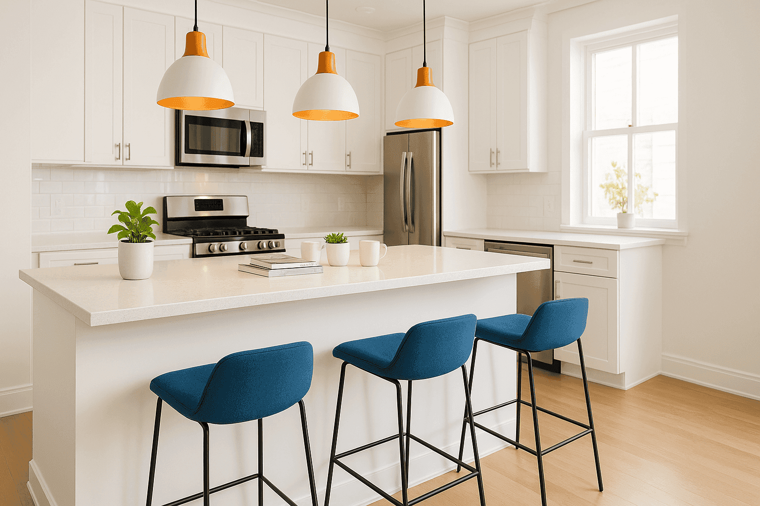 Modern kitchen with breakfast bar and stylish pendant lights