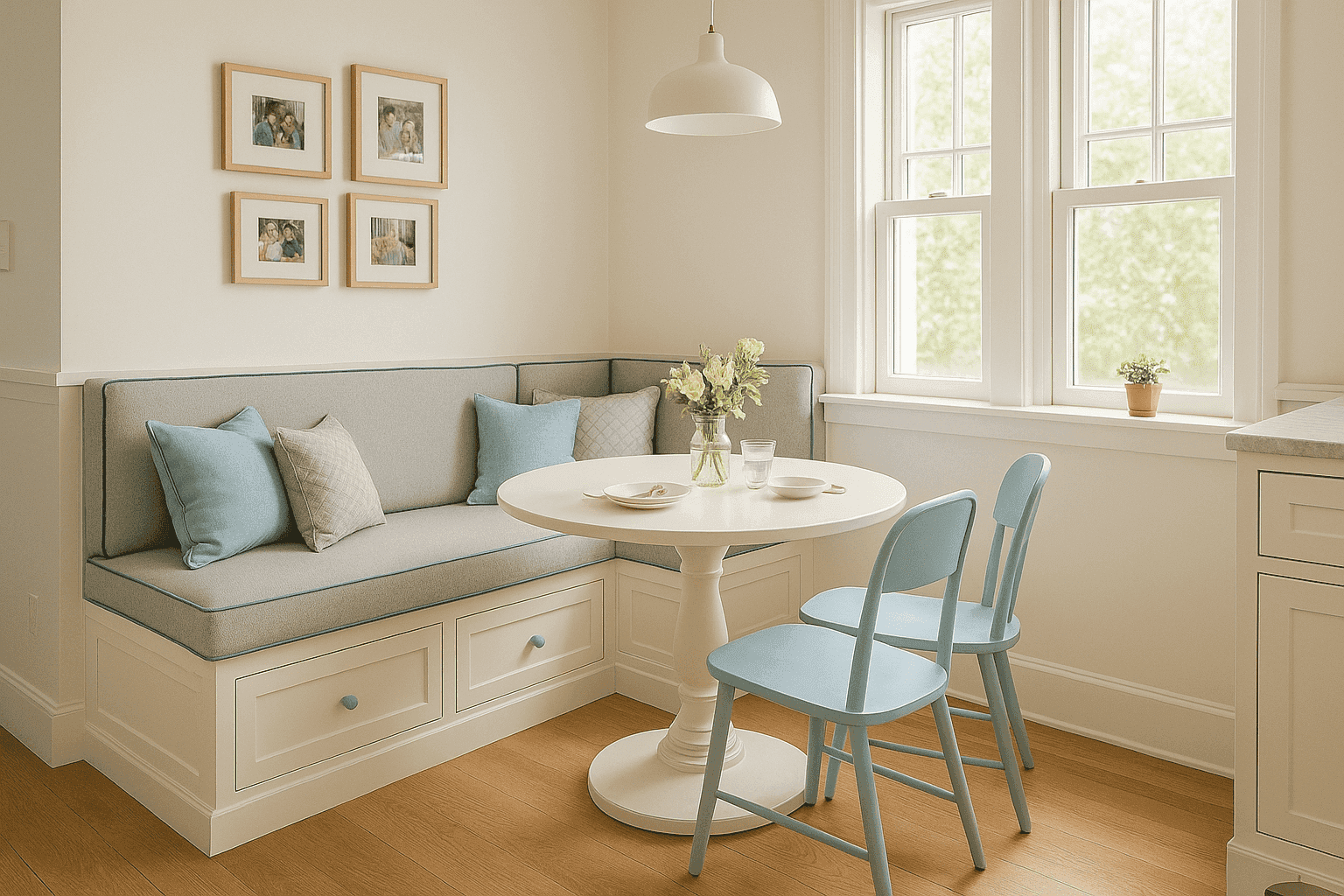 Bright breakfast nook with banquette seating, table, and decor elements