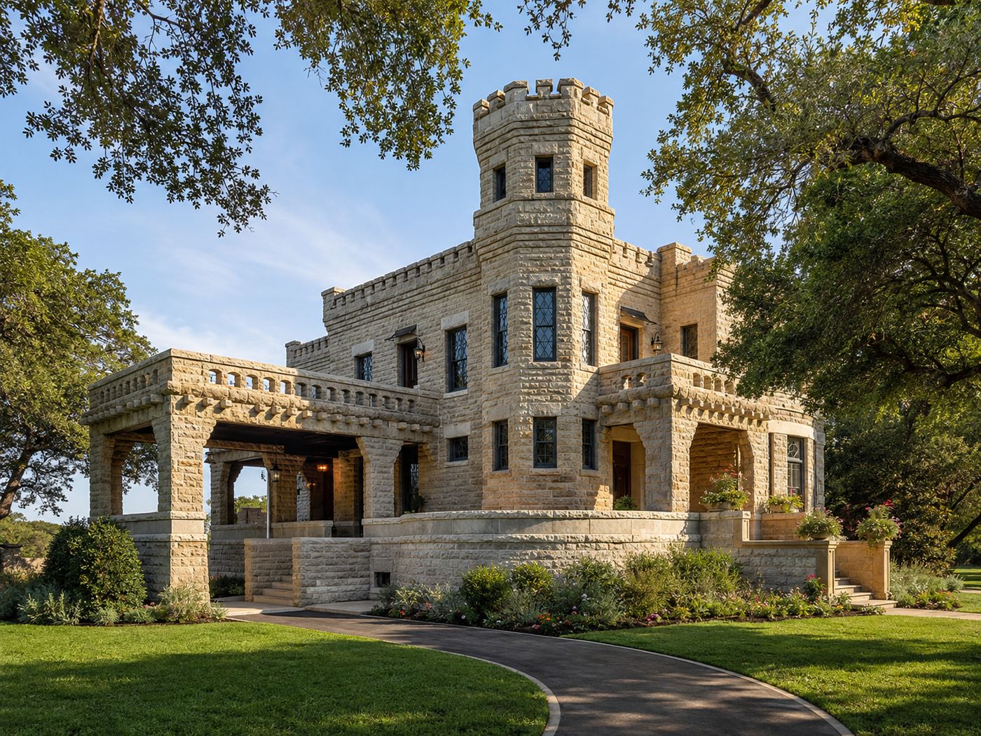 Historic Waco Castle with turrets and diamond-paned windows, fully renovated