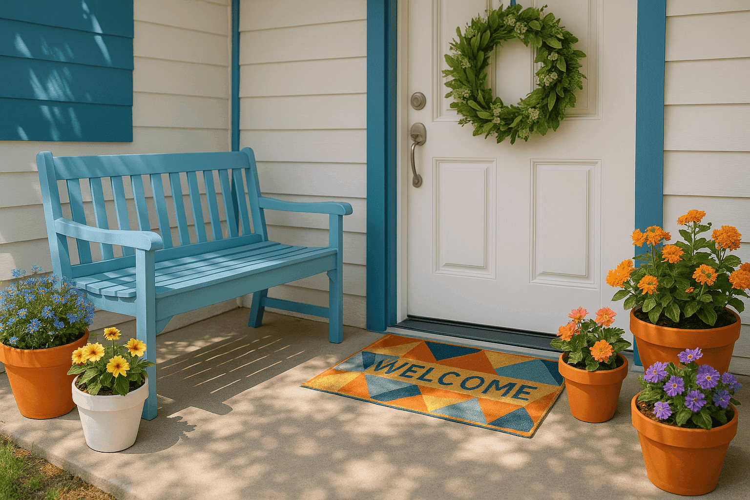 Charming spring front porch with pastel blue bench, colorful potted flowers, cheerful welcome mat, and seasonal wreath on door