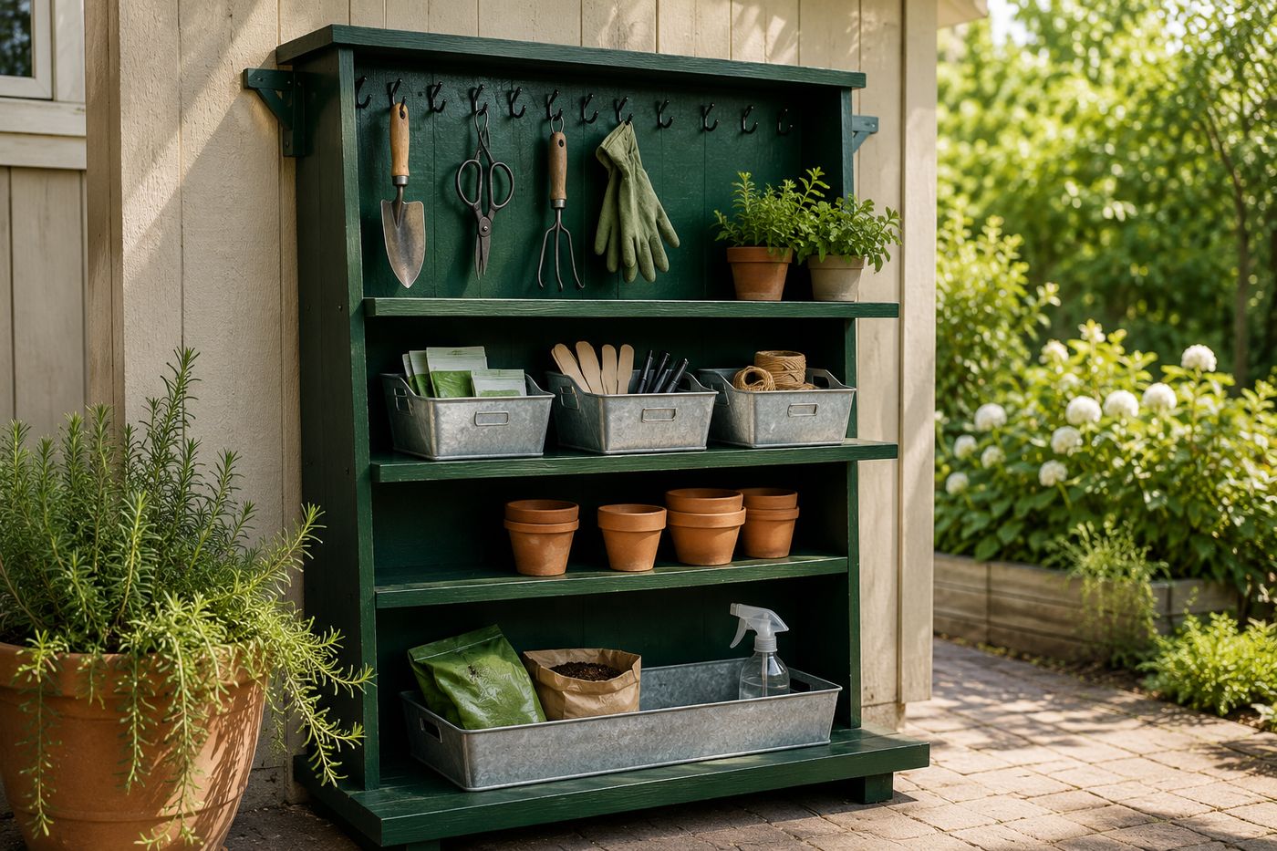 Solid wood bookshelf painted deep forest green standing against a garden shed wall, converted into an outdoor potting station with S-hooks holding garden tools along the top frame, a galvanized tray on the bottom shelf holding soil bags, and organized bins of seeds and small tools on the upper shelves