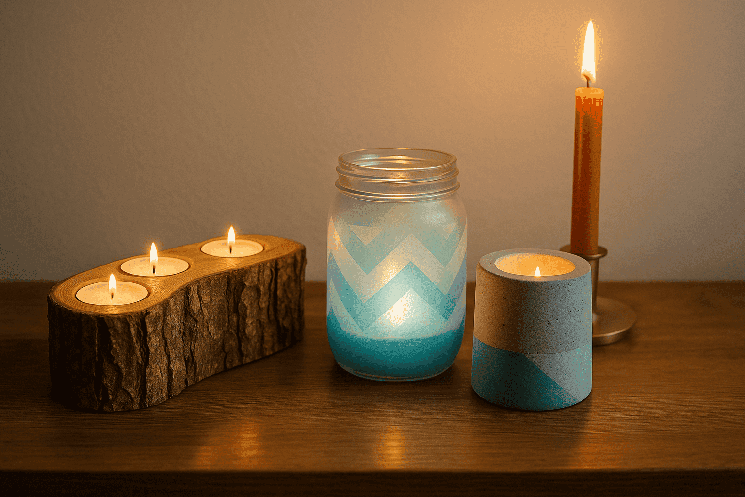 Handmade candle holders with candles lit in a styled setting