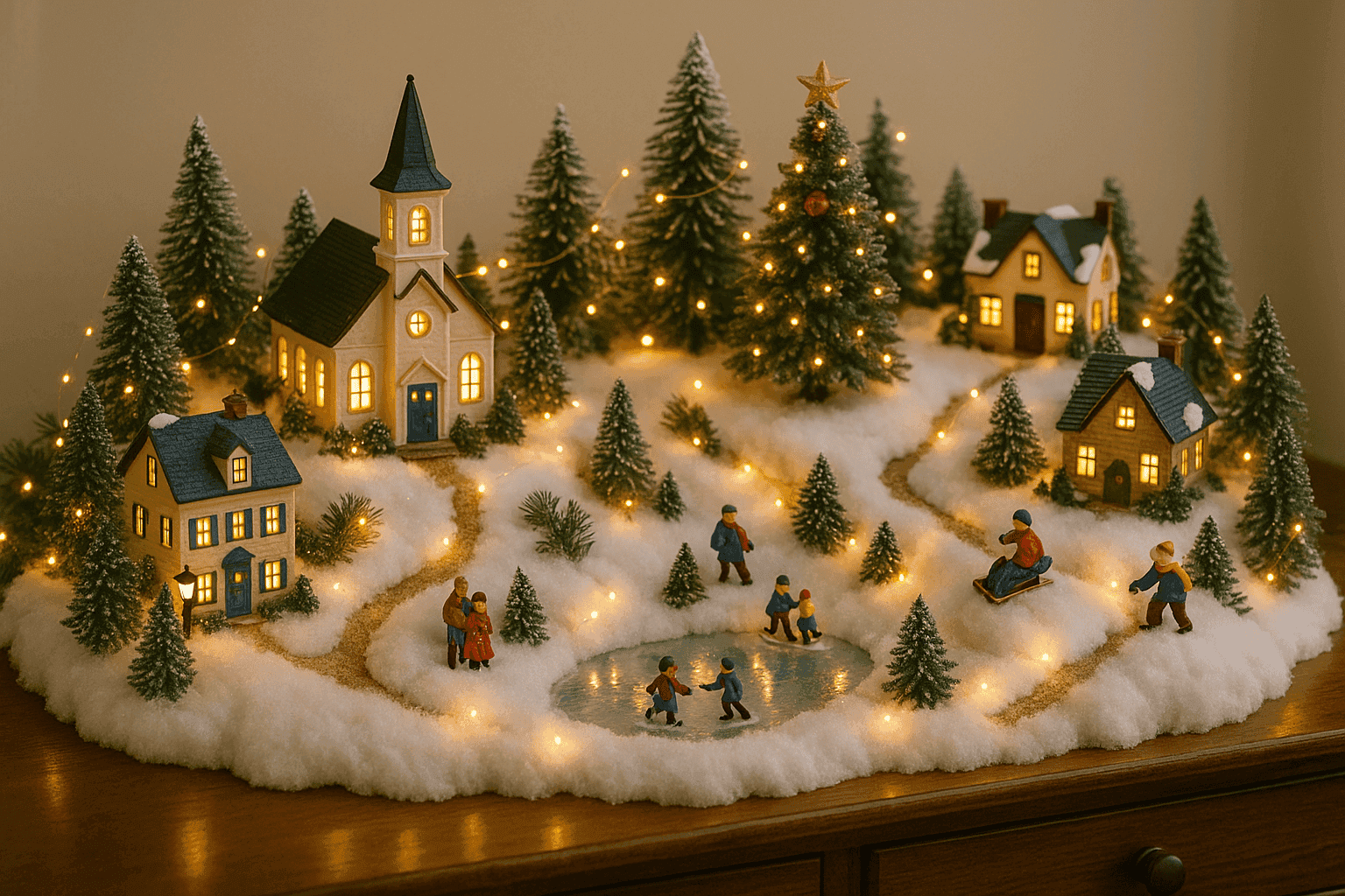 Beautifully arranged miniature Christmas village with lights, snow, and tiny buildings