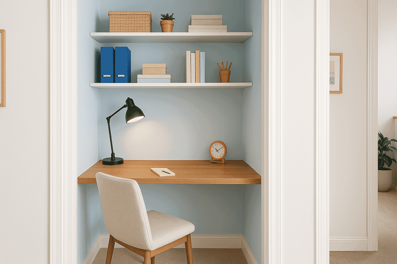 Converted closet office with desk, shelving, and chair
