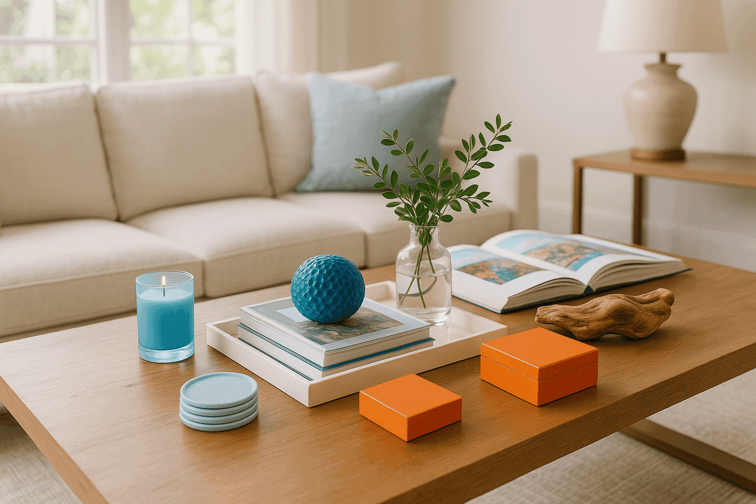 Beautifully styled coffee table with books, decorative objects, and plants