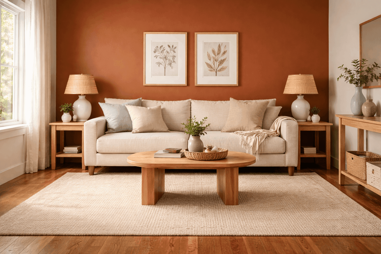 Living room with a warm terracotta accent wall, neutral sofa, and warm afternoon light