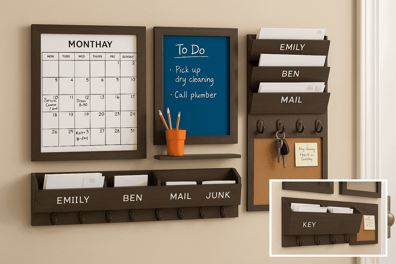 Organized wall-mounted family command center with calendar, mail slots, and message board
