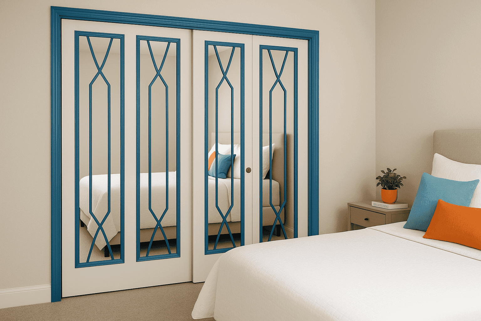 Bedroom with beautifully customized closet doors featuring mirrors and trim