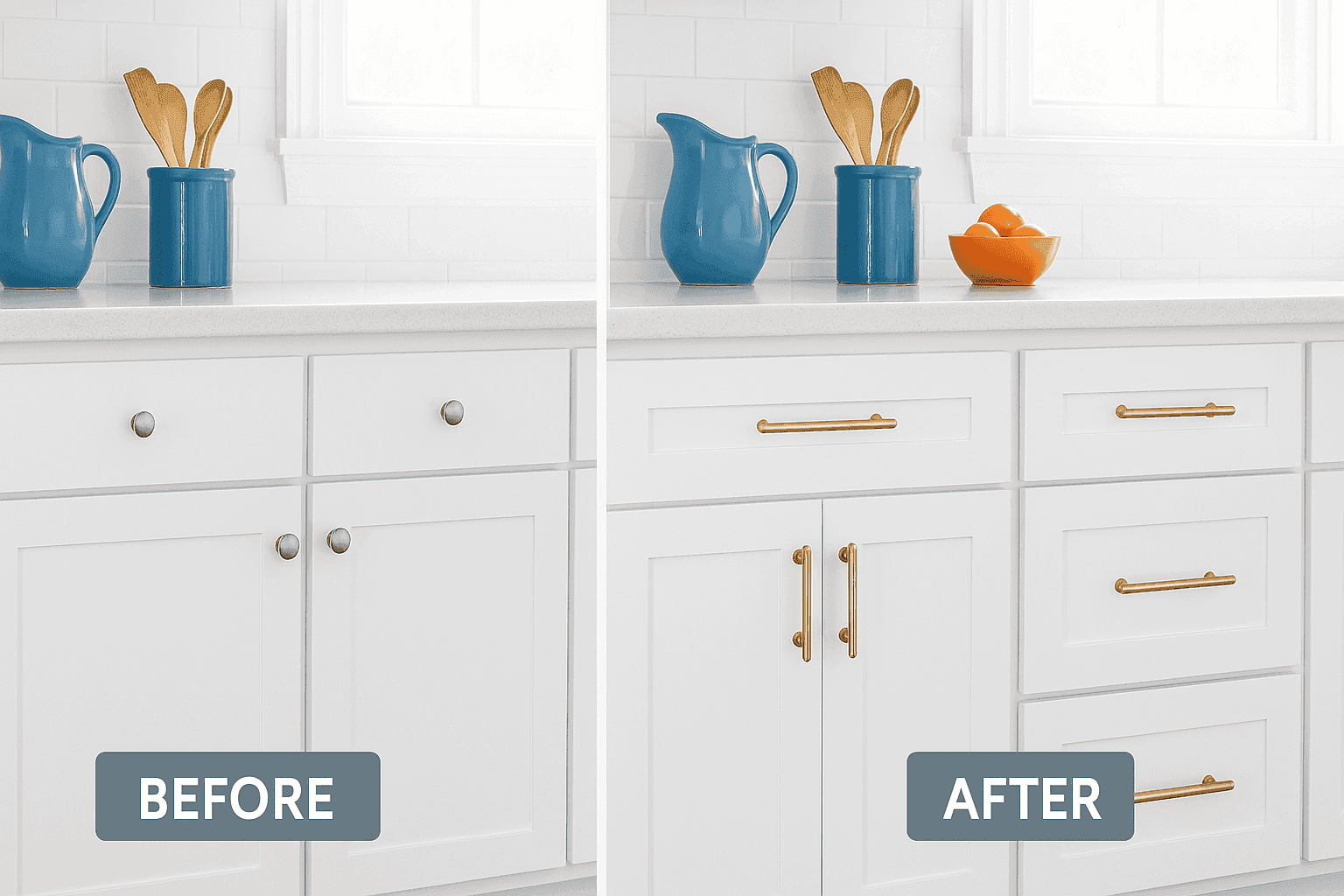 Kitchen cabinets with stylish brass drawer pulls and knobs