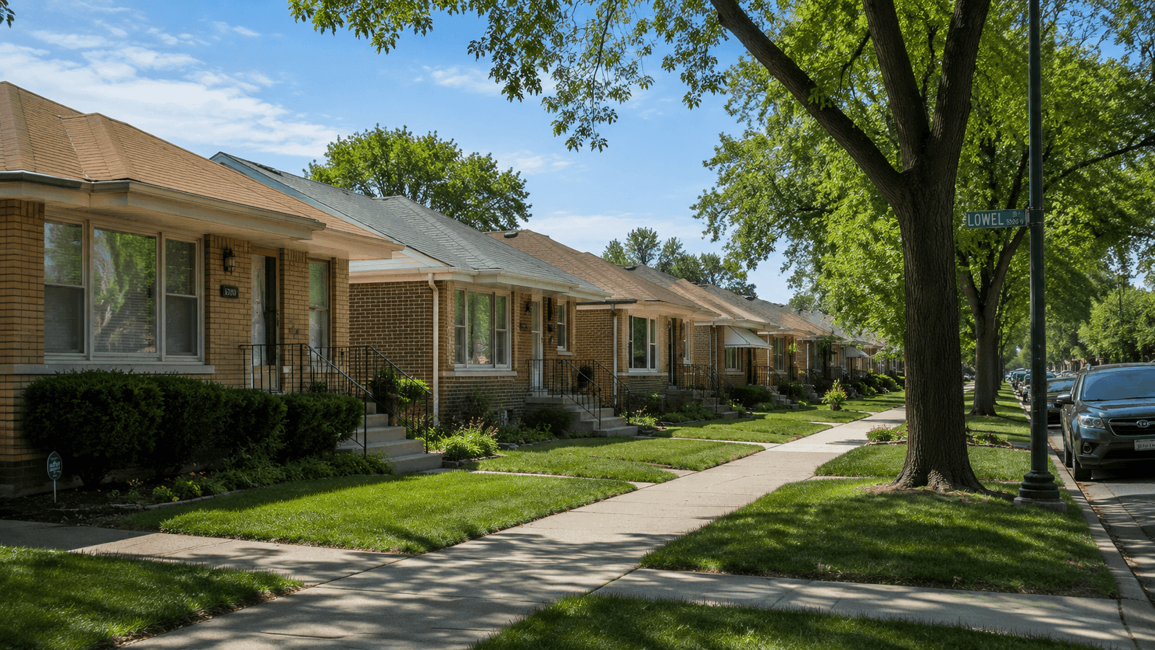 A residential street in the Jefferson Park neighborhood of Chicago, with postwar brick ranch homes and tree-lined sidewalks.