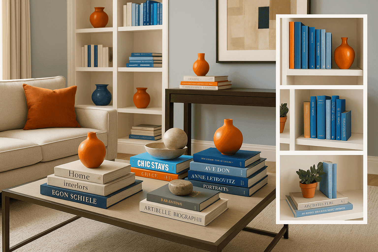 Stylish living room with artfully arranged books on coffee table, shelves, and mantel