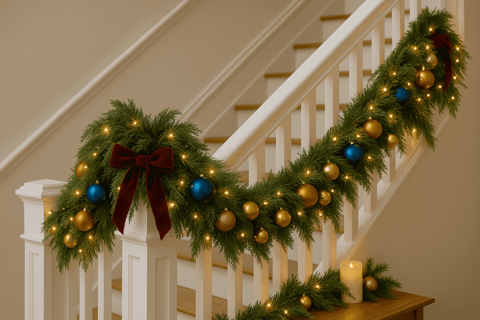 Beautiful holiday garland decorating a staircase with lights and ornaments