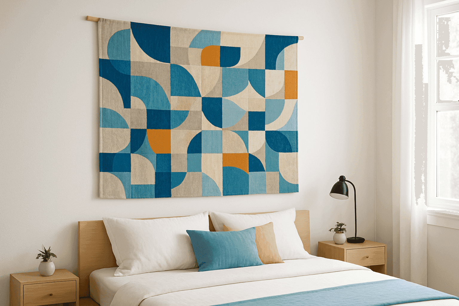 Bedroom with beautifully mounted tapestry as focal point above bed