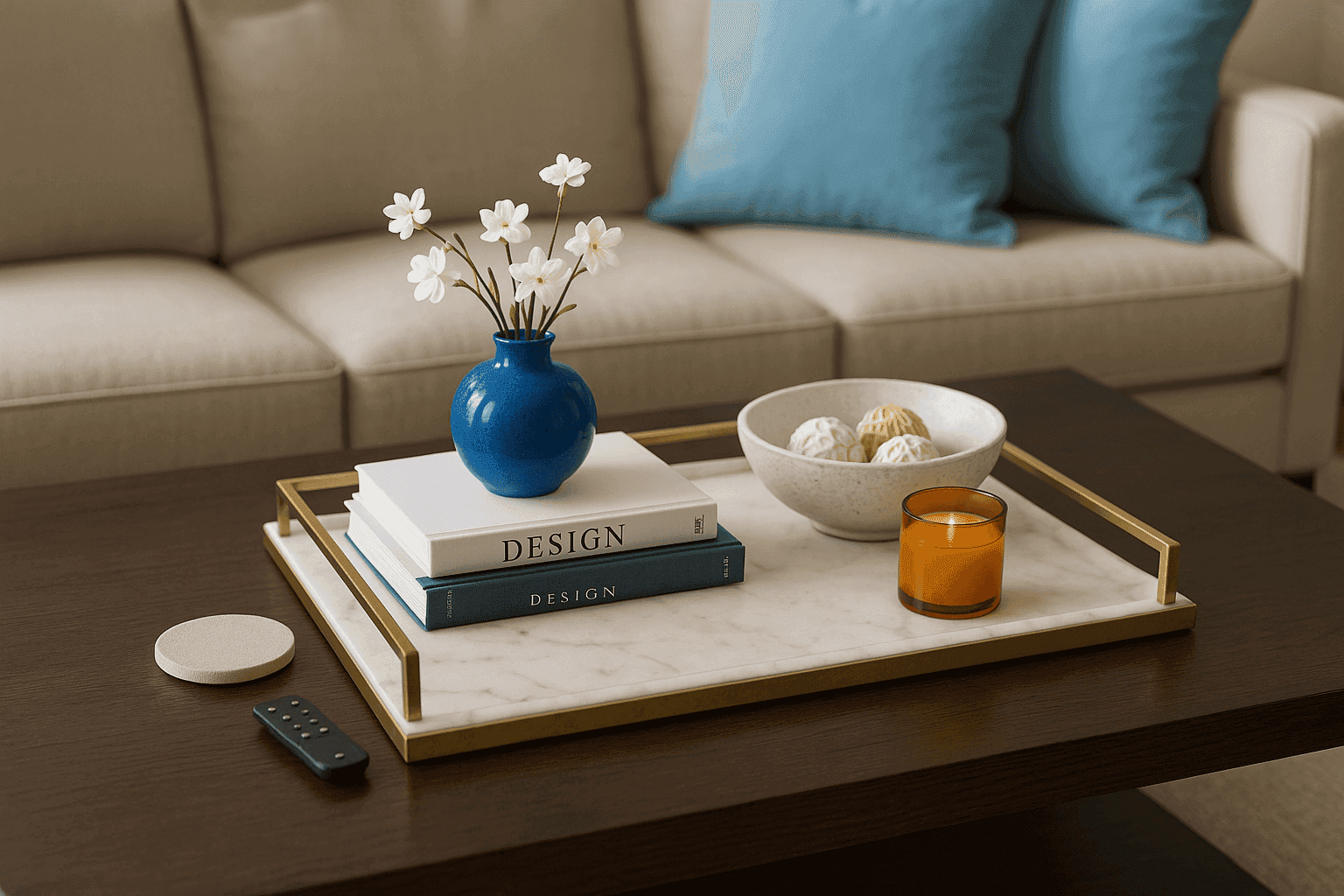 Beautifully styled coffee table with decorative tray arrangement