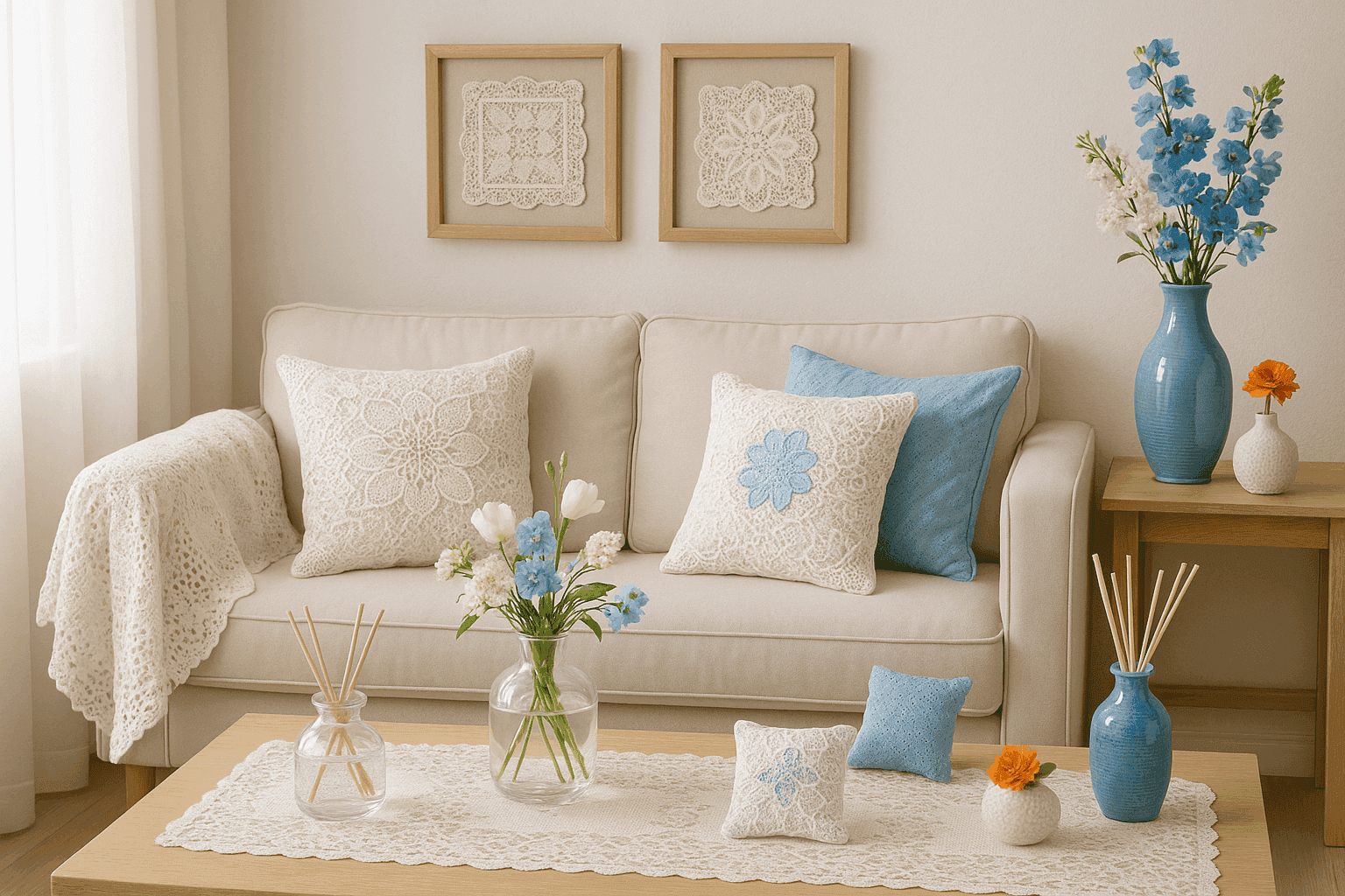 Beautifully styled living space featuring lace and crochet accents in spring decor