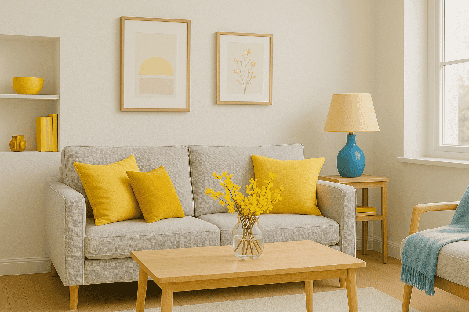 Bright living room with stylish yellow accent pieces