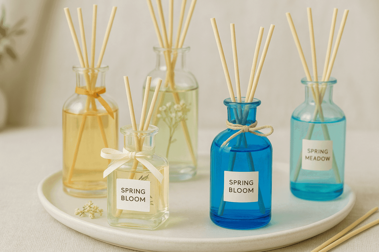 Beautiful handcrafted reed diffusers with spring essential oil blends in decorative bottles