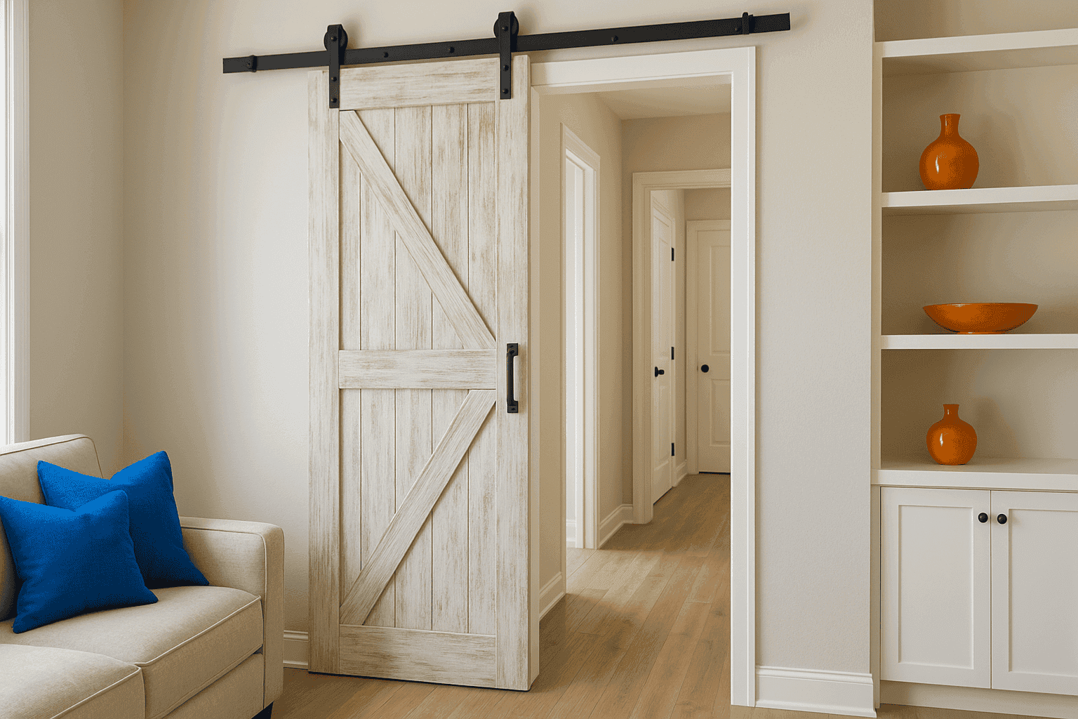 Rustic sliding barn door on black hardware in a modern farmhouse interior