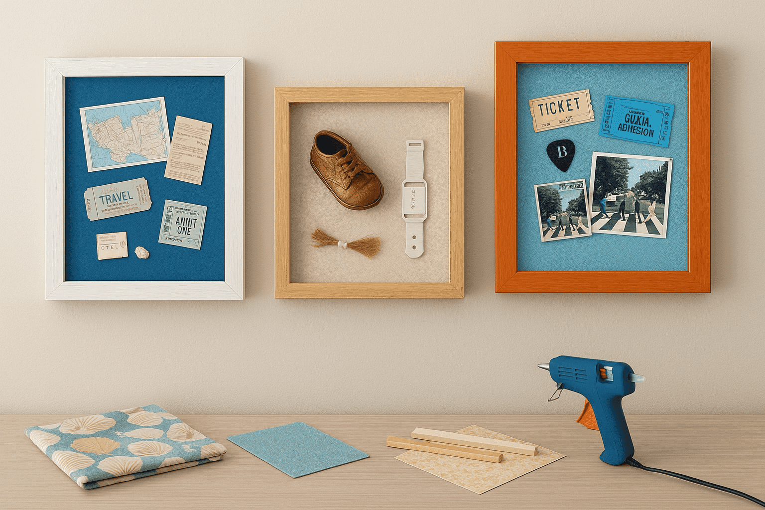 Wall display of custom shadow boxes with various personal mementos