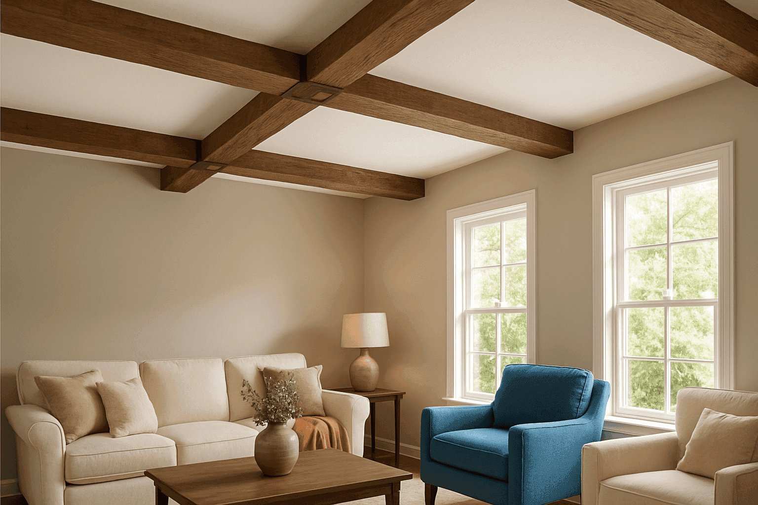 Living room with beautifully installed faux wood beam ceiling