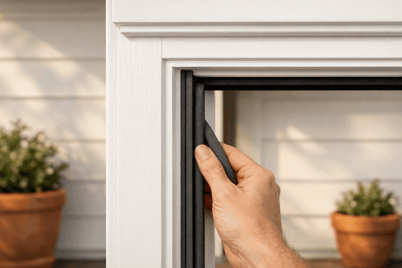 Close-up of fresh weatherstripping being installed on a white exterior door frame