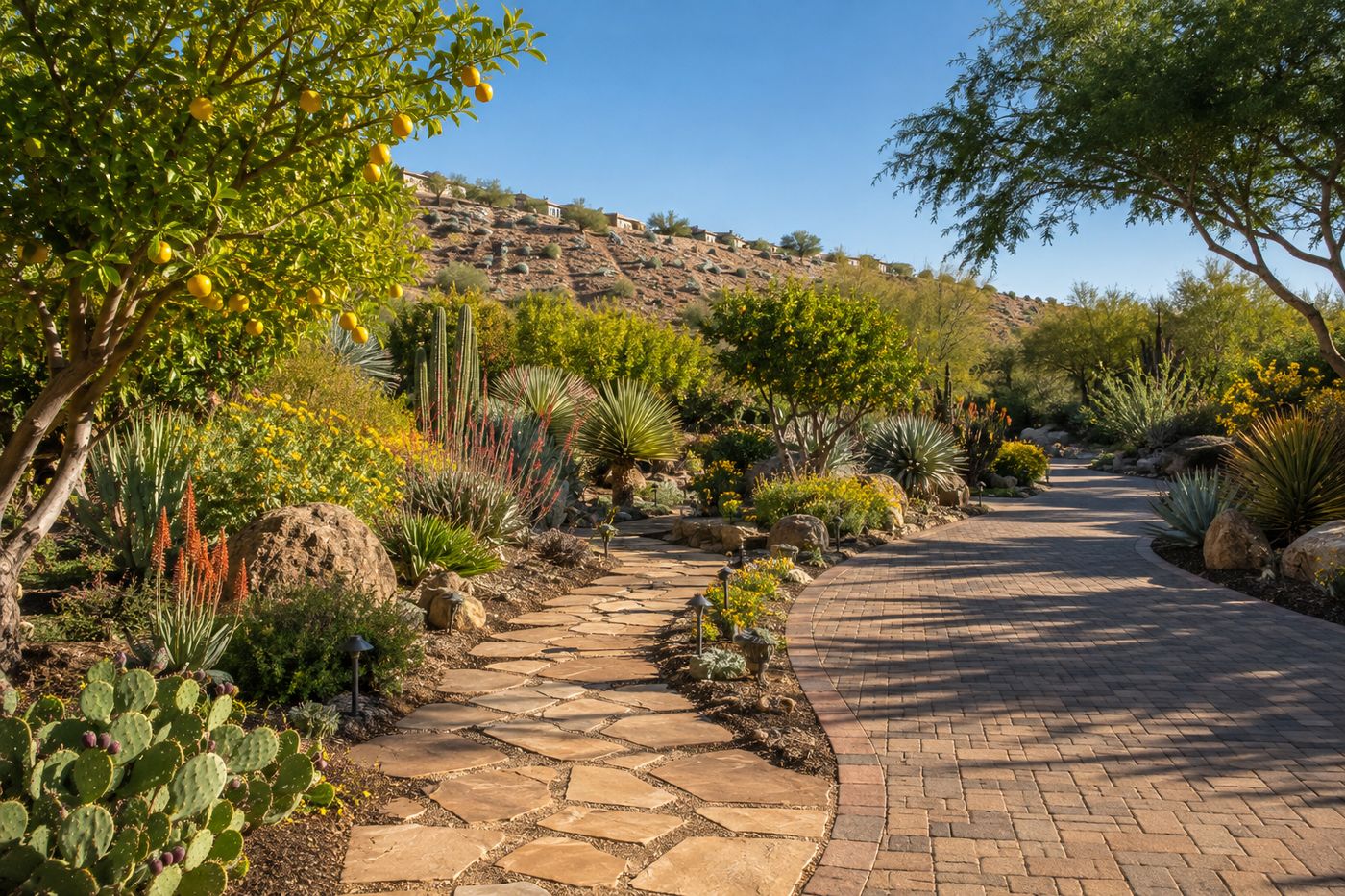 Desert botanical landscaping with native stonework in northwest Las Vegas, Nevada