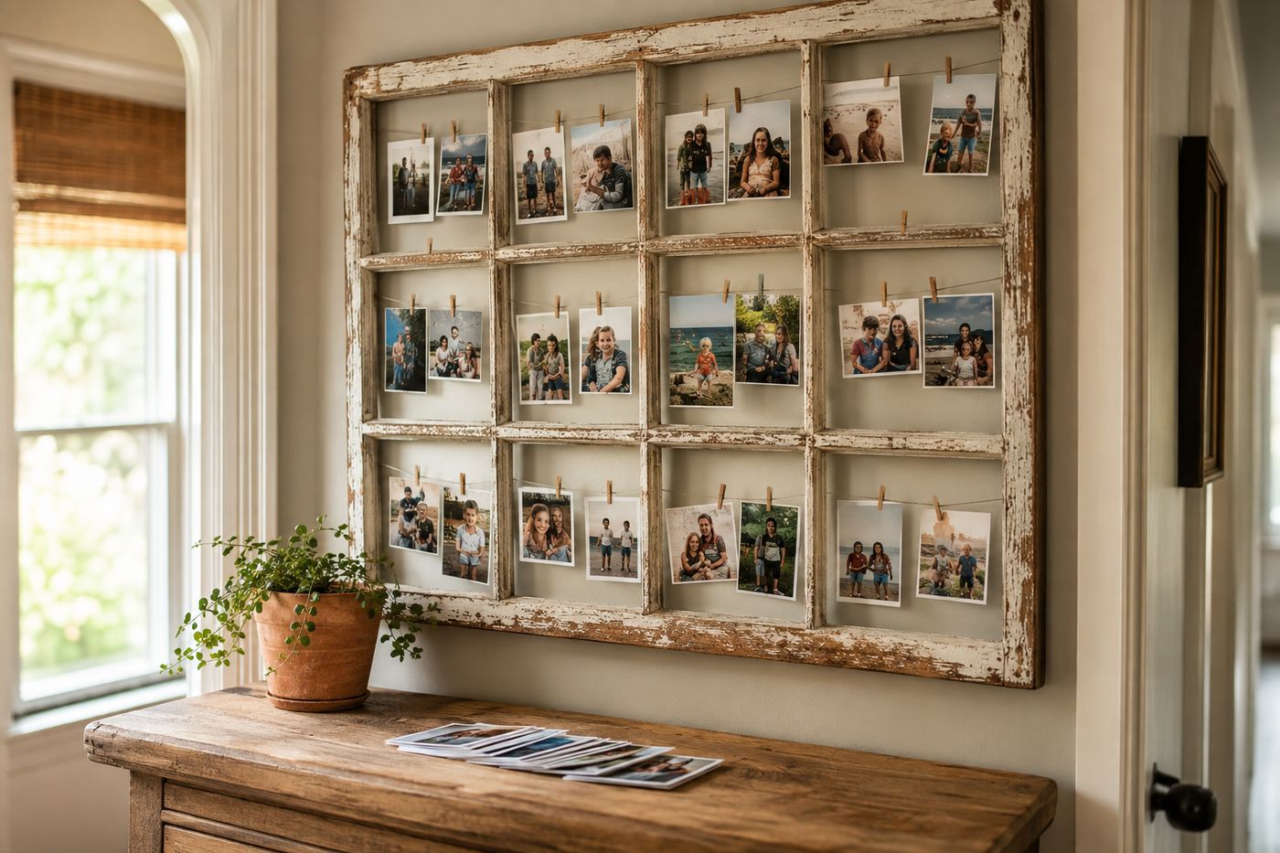 A vintage salvaged window frame repurposed as a hanging photo display, with printed photos clipped to taut wires across each pane, hung in a hallway